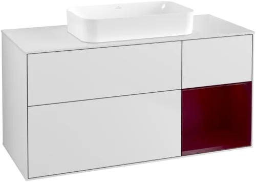 VILLEROY BOCH Toaletní skříňka Finion, s osvětlením, 3 výsuvy, 1200 x 603 x 501 mm, bílý matný lak / pivoňkový matný lak / sklo bílé matné #F711HBMT