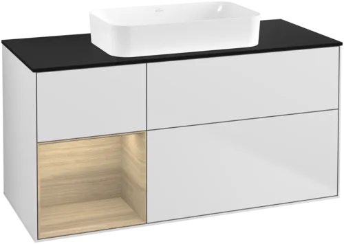 VILLEROY BOCH Toaletní skříňka Finion, s osvětlením, 3 výsuvy, 1200 x 603 x 501 mm, bílý matný lak / dubová dýha / černé matné sklo #F702PCMT