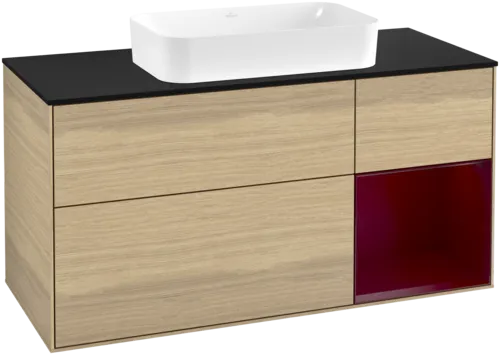 VILLEROY BOCH Toaletní skříňka Finion, s osvětlením, 3 výsuvy, 1200 x 603 x 501 mm, dubová dýha / matný lak Pivoňka / matné černé sklo #F712HBPC