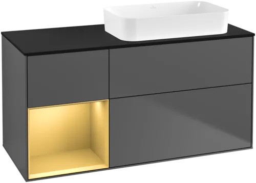 VILLEROY BOCH Toaletní skříňka Finion, s osvětlením, 3 výsuvy, 1200 x 603 x 501 mm, antracit matný lak / zlatý matný lak / černé matné sklo #F682HFGK