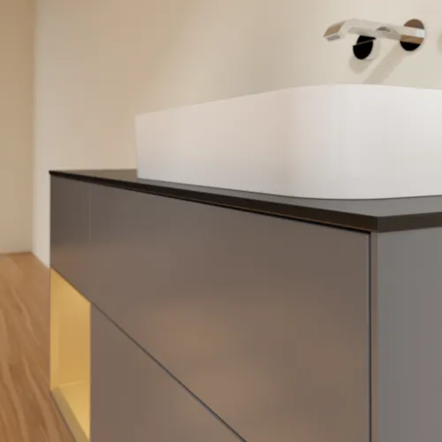 VILLEROY BOCH Toaletní skříňka Finion, s osvětlením, 3 výsuvy, 1200 x 603 x 501 mm, antracit matný lak / zlatý matný lak / černé matné sklo #F682HFGK, obrázek 3