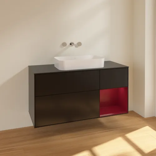 VILLEROY BOCH Toaletní skříňka Finion, s osvětlením, 3 výsuvy, 1200 x 603 x 501 mm, černý matný lak / pivoňkový matný lak / černé matné sklo #F712HBPD, obrázek 2