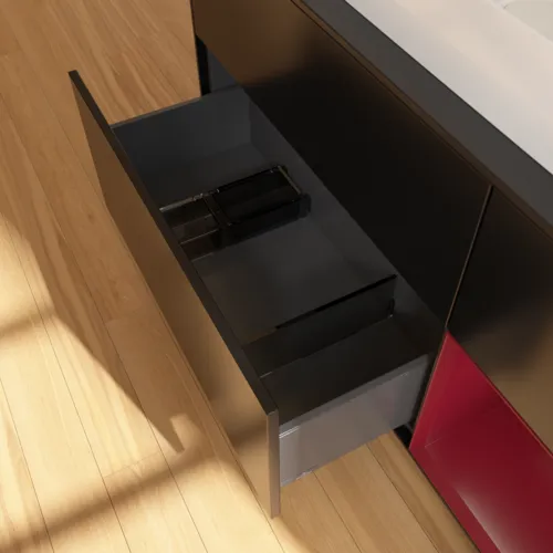 VILLEROY BOCH Toaletní skříňka Finion, s osvětlením, 3 výsuvy, 1200 x 603 x 501 mm, černý matný lak / pivoňkový matný lak / černé matné sklo #F712HBPD, obrázek 5