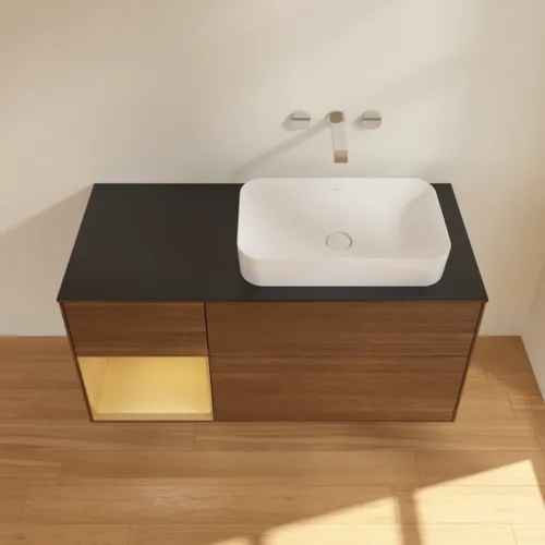 VILLEROY BOCH Toaletní skříňka Finion, s osvětlením, 3 výsuvy, 1200 x 603 x 501 mm, ořechová dýha / zlatý matný lak / černé matné sklo #F682HFGN, obrázek 4