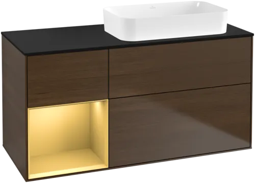 VILLEROY BOCH Toaletní skříňka Finion, s osvětlením, 3 výsuvy, 1200 x 603 x 501 mm, ořechová dýha / zlatý matný lak / černé matné sklo #F682HFGN