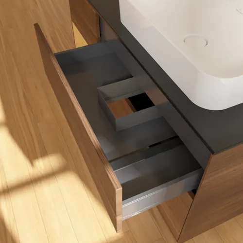VILLEROY BOCH Toaletní skříňka Finion, s osvětlením, 3 výsuvy, 1200 x 603 x 501 mm, ořechová dýha / zlatý matný lak / černé matné sklo #F682HFGN, obrázek 7