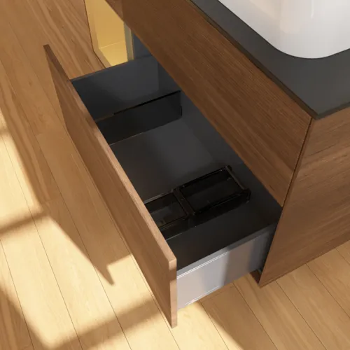 VILLEROY BOCH Toaletní skříňka Finion, s osvětlením, 3 výsuvy, 1200 x 603 x 501 mm, ořechová dýha / zlatý matný lak / černé matné sklo #F682HFGN, obrázek 6