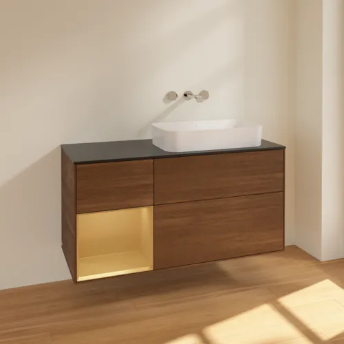 VILLEROY BOCH Toaletní skříňka Finion, s osvětlením, 3 výsuvy, 1200 x 603 x 501 mm, ořechová dýha / zlatý matný lak / černé matné sklo #F682HFGN, obrázek 2