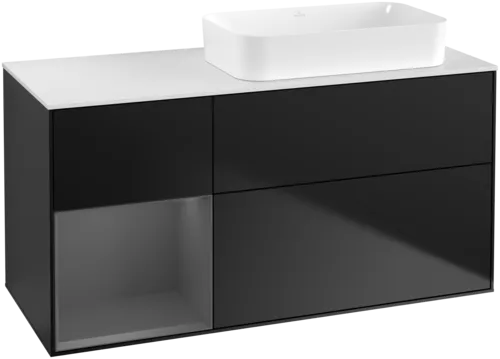 VILLEROY BOCH Toaletní skříňka Finion, s osvětlením, 3 výsuvy, 1200 x 603 x 501 mm, černý matný lak / antracitový matný lak / bílé matné sklo #F681GKPD