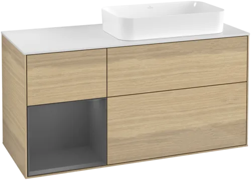 VILLEROY BOCH Toaletní skříňka Finion, s osvětlením, 3 výsuvy, 1200 x 603 x 501 mm, dubová dýha / antracitový matný lak / bílé matné sklo #F681GKPC