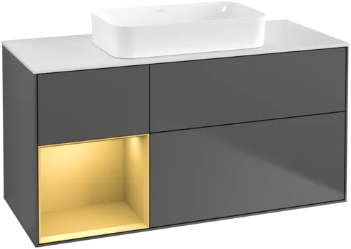 VILLEROY BOCH Toaletní skříňka Finion, s osvětlením, 3 výsuvy, 1200 x 603 x 501 mm, antracitový matný lak / zlatý matný lak / bílé matné sklo #F701HFGK