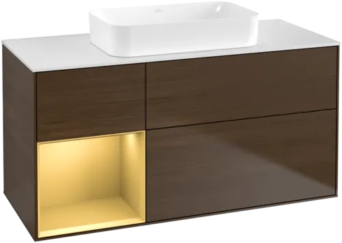 VILLEROY BOCH Toaletní skříňka Finion, s osvětlením, 3 výsuvy, 1200 x 603 x 501 mm, ořechová dýha / zlatý matný lak / sklo bílé matné #F701HFGN