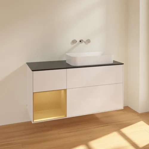 VILLEROY BOCH Toaletní skříňka Finion, s osvětlením, 3 výsuvy, 1200 x 603 x 501 mm, lesklý bílý lak / zlatý matný lak / černé matné sklo #F682HFGF, obrázek 2