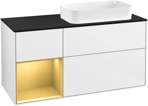 VILLEROY BOCH Toaletní skříňka Finion, s osvětlením, 3 výsuvy, 1200 x 603 x 501 mm, lesklý bílý lak / zlatý matný lak / černé matné sklo #F682HFGF