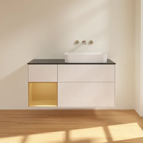 VILLEROY BOCH Toaletní skříňka Finion, s osvětlením, 3 výsuvy, 1200 x 603 x 501 mm, lesklý bílý lak / zlatý matný lak / černé matné sklo #F682HFGF, obrázek 3