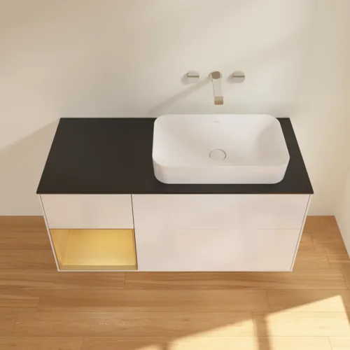 VILLEROY BOCH Toaletní skříňka Finion, s osvětlením, 3 výsuvy, 1200 x 603 x 501 mm, lesklý bílý lak / zlatý matný lak / černé matné sklo #F682HFGF, obrázek 4