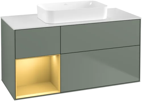 VILLEROY BOCH Toaletní skříňka Finion, s osvětlením, 3 výsuvy, 1200 x 603 x 501 mm, olivový matný lak / zlatý matný lak / bílé matné sklo #F701HFGM