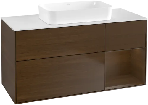 VILLEROY BOCH Toaletní skříňka Finion, s osvětlením, 3 výsuvy, 1200 x 603 x 501 mm, ořechová dýha / ořechová dýha / sklo bílé matné #F711GNGN