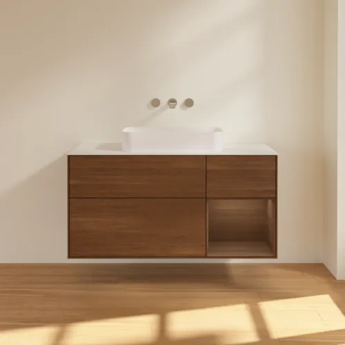 VILLEROY BOCH Toaletní skříňka Finion, s osvětlením, 3 výsuvy, 1200 x 603 x 501 mm, ořechová dýha / ořechová dýha / sklo bílé matné #F711GNGN, obrázek 2