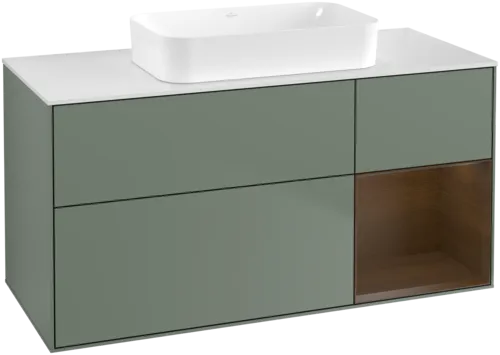 VILLEROY BOCH Toaletní skříňka Finion, s osvětlením, 3 výsuvy, 1200 x 603 x 501 mm, olivový matný lak / ořechová dýha / sklo bílé matné #F711GNGM