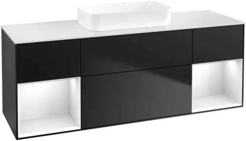 VILLEROY BOCH Toaletní skříňka Finion, s osvětlením, 4 výsuvy, 1600 x 603 x 501 mm, černý matný lak / bílý lesklý lak / bílé matné sklo #F741GFPD