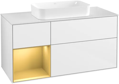 VILLEROY BOCH Toaletní skříňka Finion, s osvětlením, 3 výsuvy, 1200 x 603 x 501 mm, lesklý bílý lak / zlatý matný lak / bílé matné sklo #F701HFGF