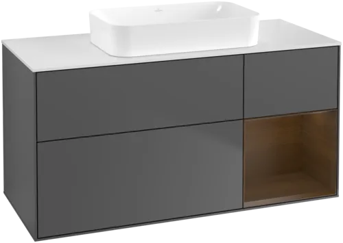 VILLEROY BOCH Toaletní skříňka Finion, s osvětlením, 3 výsuvy, 1200 x 603 x 501 mm, antracit matný lak / ořechová dýha / sklo bílé matné #F711GNGK