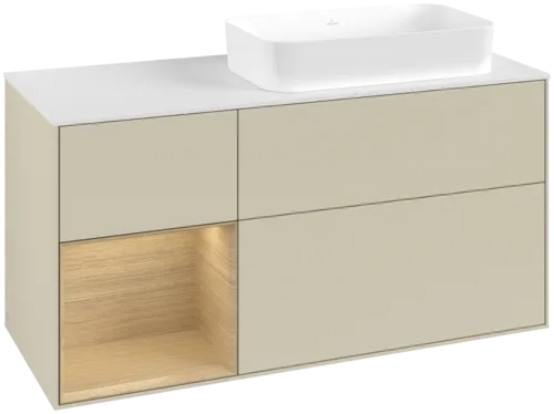VILLEROY BOCH Toaletní skříňka Finion, s osvětlením, 3 výsuvy, 1200 x 603 x 501 mm, hedvábně šedý matný lak / dubová dýha / bílé matné sklo #F681PCHJ
