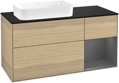 VILLEROY BOCH Toaletní skříňka Finion, s osvětlením, 3 výsuvy, 1200 x 603 x 501 mm, dubová dýha / antracitový matný lak / černé matné sklo #F692GKPC