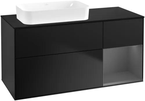 VILLEROY BOCH Toaletní skříňka Finion, s osvětlením, 3 výsuvy, 1200 x 603 x 501 mm, černý matný lak / antracitový matný lak / černé matné sklo #F692GKPD