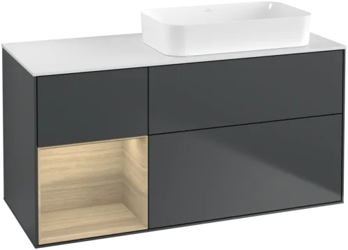 VILLEROY BOCH Toaletní skříňka Finion, s osvětlením, 3 výsuvy, 1200 x 603 x 501 mm, matný lak Midnight Blue / dubová dýha / matné bílé sklo #F681PCHG