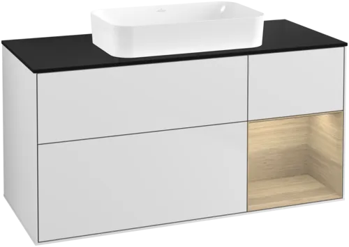 VILLEROY BOCH Toaletní skříňka Finion, s osvětlením, 3 výsuvy, 1200 x 603 x 501 mm, bílý matný lak / dubová dýha / černé matné sklo #F712PCMT