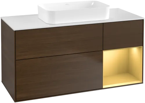 VILLEROY BOCH Toaletní skříňka Finion, s osvětlením, 3 výsuvy, 1200 x 603 x 501 mm, ořechová dýha / zlatý matný lak / sklo bílé matné #F711HFGN