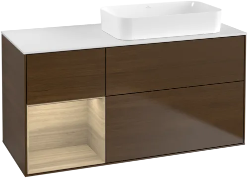 VILLEROY BOCH Toaletní skříňka Finion, s osvětlením, 3 výsuvy, 1200 x 603 x 501 mm, ořechová dýha / dubová dýha / sklo bílé matné #F681PCGN