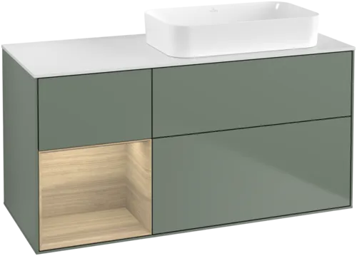 VILLEROY BOCH Toaletní skříňka Finion, s osvětlením, 3 výsuvy, 1200 x 603 x 501 mm, olivový matný lak / dubová dýha / sklo bílé matné #F681PCGM