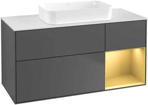 VILLEROY BOCH Toaletní skříňka Finion, s osvětlením, 3 výsuvy, 1200 x 603 x 501 mm, antracitový matný lak / zlatý matný lak / bílé matné sklo #F711HFGK