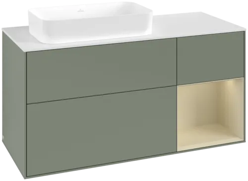 VILLEROY BOCH Toaletní skříňka Finion, s osvětlením, 3 výsuvy, 1200 x 603 x 501 mm, olivový matný lak / hedvábně šedý matný lak / bílé matné sklo #F691HJGM