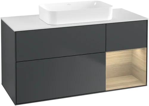 VILLEROY BOCH Toaletní skříňka Finion, s osvětlením, 3 výsuvy, 1200 x 603 x 501 mm, matný lak Midnight Blue / dubová dýha / matné bílé sklo #F711PCHG