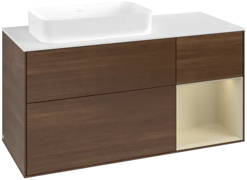 VILLEROY BOCH Toaletní skříňka Finion, s osvětlením, 3 výsuvy, 1200 x 603 x 501 mm, ořechová dýha / hedvábně šedý matný lak / sklo bílé matné #F691HJGN