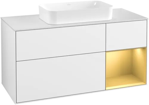 VILLEROY BOCH Toaletní skříňka Finion, s osvětlením, 3 výsuvy, 1200 x 603 x 501 mm, lesklý bílý lak / zlatý matný lak / bílé matné sklo #F711HFGF