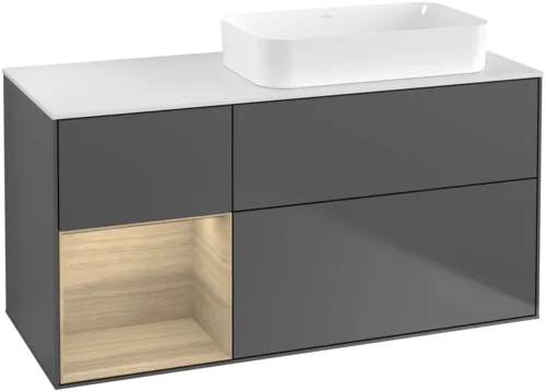 VILLEROY BOCH Toaletní skříňka Finion, s osvětlením, 3 výsuvy, 1200 x 603 x 501 mm, antracit matný lak / dubová dýha / sklo bílé matné #F681PCGK
