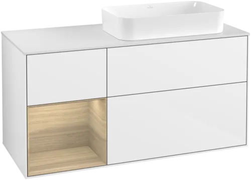 VILLEROY BOCH Toaletní skříňka Finion, s osvětlením, 3 výsuvy, 1200 x 603 x 501 mm, lesklý bílý lak / dubová dýha / sklo bílé matné #F681PCGF