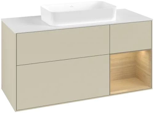 VILLEROY BOCH Toaletní skříňka Finion, s osvětlením, 3 výsuvy, 1200 x 603 x 501 mm, hedvábně šedý matný lak / dubová dýha / bílé matné sklo #F711PCHJ