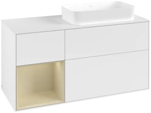 VILLEROY BOCH Toaletní skříňka Finion, s osvětlením, 3 výsuvy, 1200 x 603 x 501 mm, bílý matný lak / hedvábně šedý matný lak / bílé matné sklo #F681HJMT