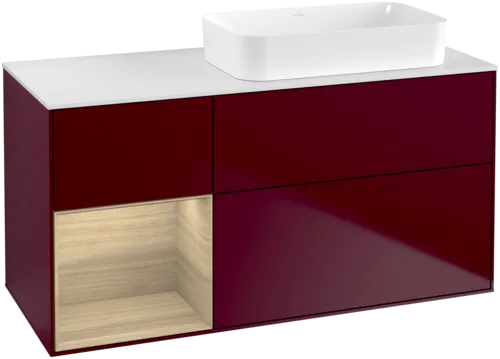 VILLEROY BOCH Toaletní skříňka Finion, s osvětlením, 3 výsuvy, 1200 x 603 x 501 mm, matný lak Peony / dubová dýha / bílé matné sklo #F681PCHB