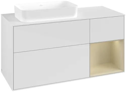 VILLEROY BOCH Toaletní skříňka Finion, s osvětlením, 3 výsuvy, 1200 x 603 x 501 mm, lesklý bílý lak / hedvábně šedý matný lak / bílé matné sklo #F691HJGF
