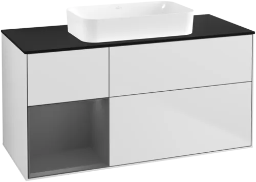 VILLEROY BOCH Toaletní skříňka Finion, s osvětlením, 3 výsuvy, 1200 x 603 x 501 mm, bílý matný lak / antracitový matný lak / černé matné sklo #F702GKMT