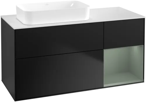 VILLEROY BOCH Toaletní skříňka Finion, s osvětlením, 3 výsuvy, 1200 x 603 x 501 mm, černý matný lak / olivový matný lak / bílé matné sklo #F691GMPD
