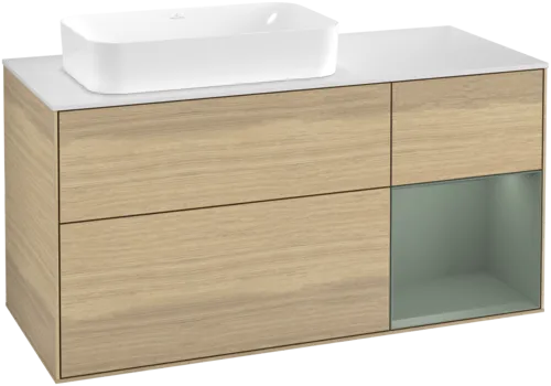 VILLEROY BOCH Toaletní skříňka Finion, s osvětlením, 3 výsuvy, 1200 x 603 x 501 mm, dubová dýha / olivový matný lak / sklo bílé matné #F691GMPC