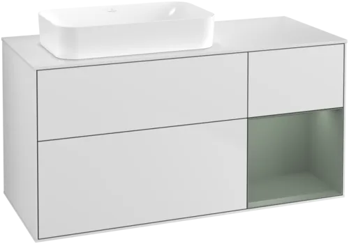 VILLEROY BOCH Toaletní skříňka Finion, s osvětlením, 3 výsuvy, 1200 x 603 x 501 mm, bílý matný lak / olivový matný lak / sklo bílé matné #F691GMMT